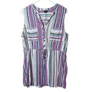 Lee Sleeveless Striped Tunic Top Purple Sage Green Boho Coastal Grandma XL Shirt